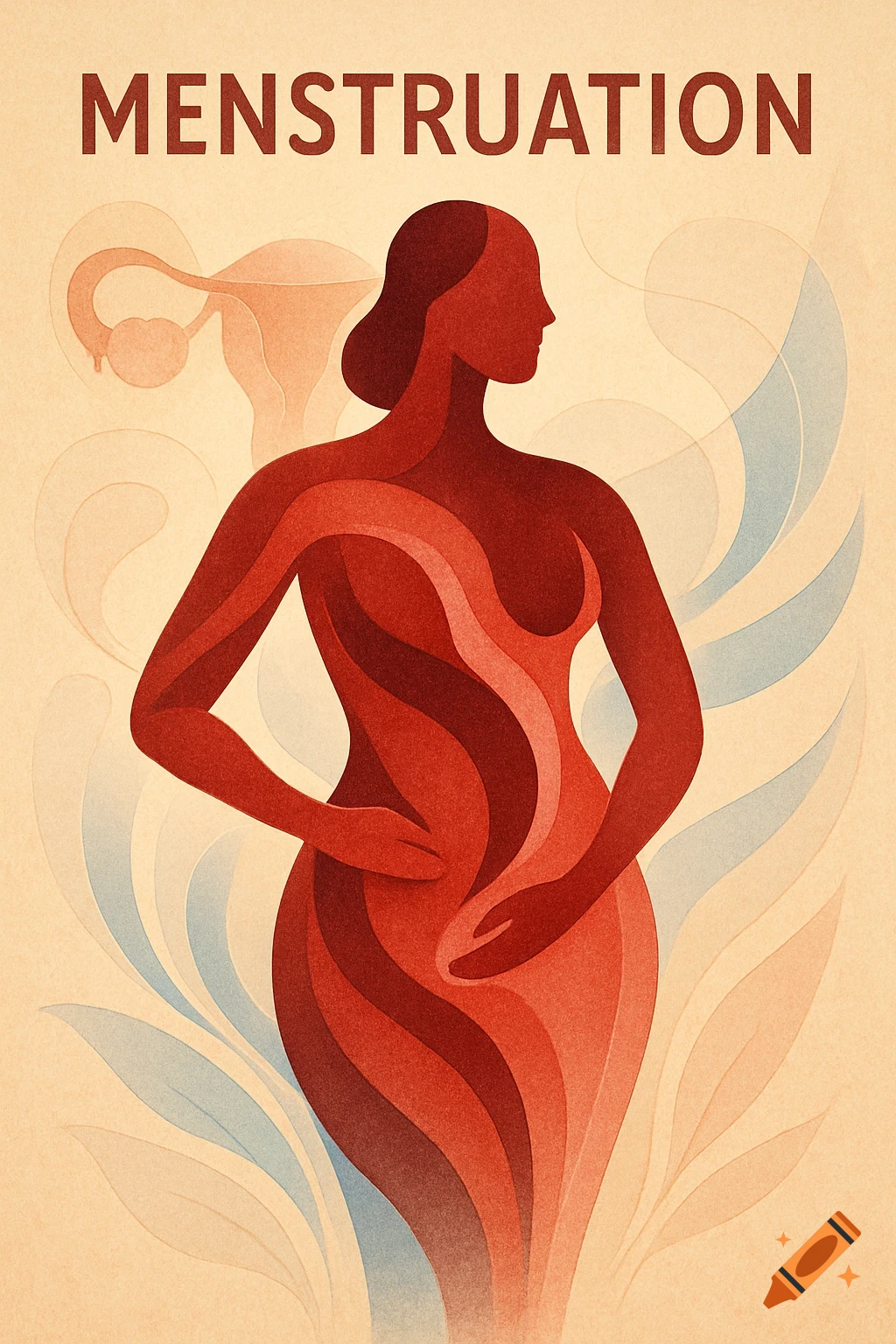 Stylized illustration of a woman in red and orange layered shapes, with a uterus outline above, and the word 'MENSTRUATION' at the top. The background is a textured cream color with subtle abstract blue and orange leaf-like shapes.