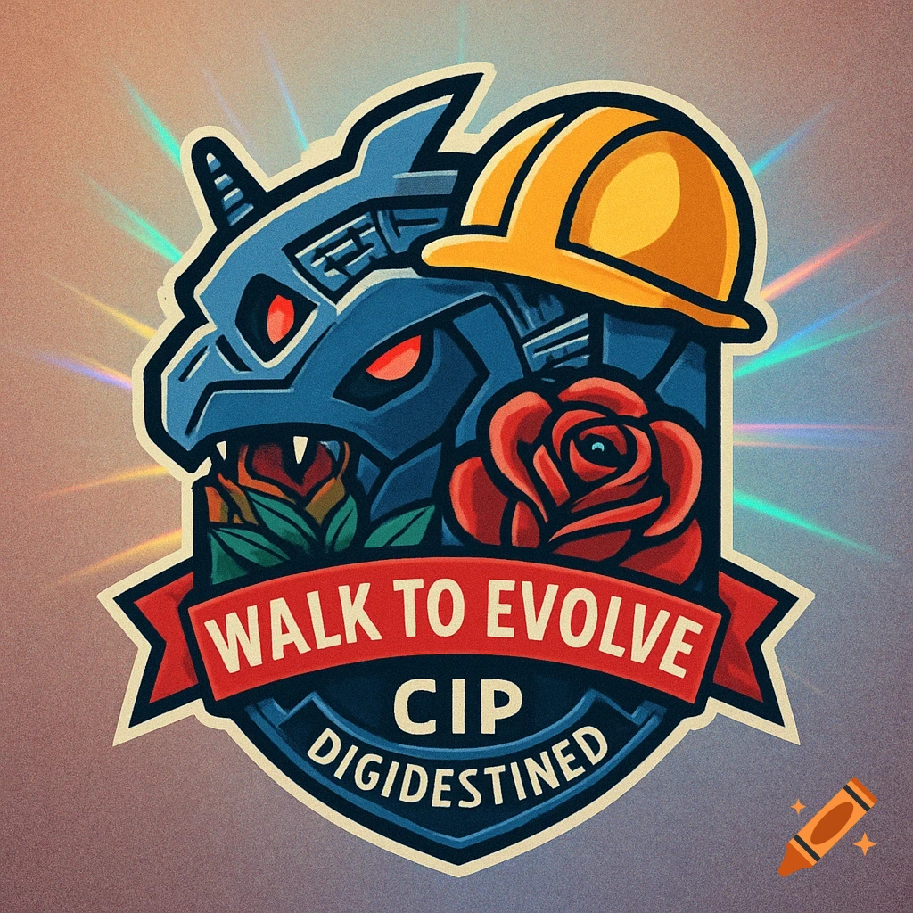 Stylized badge of a blue robotic monster head with a yellow hard hat and red roses, with text 'WALK TO EVOLVE' and 'CIP DIGIDESTINED'.