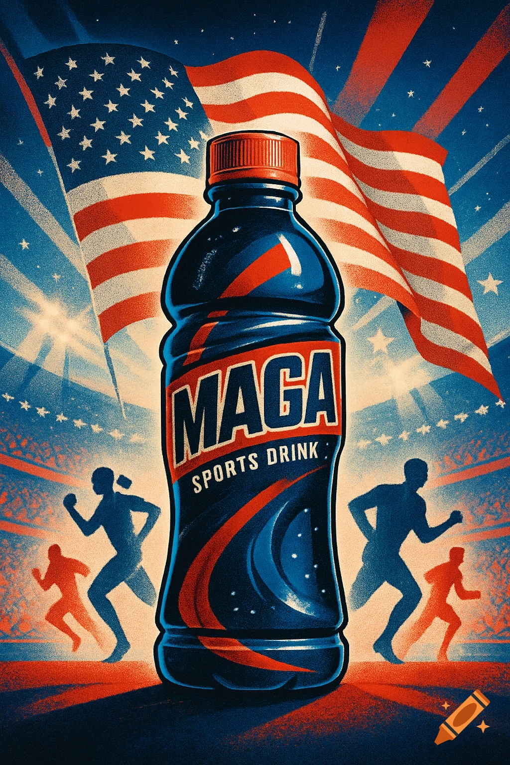 A stylized political advertisement for "MAGA Sports Drink" featuring a large bottle, an American flag, and running silhouettes.