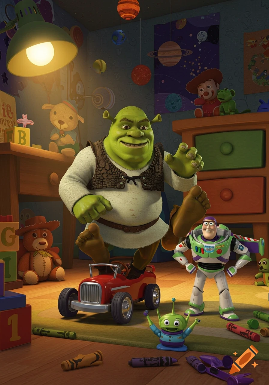 Shrek, Buzz Lightyear, and other Toy Story characters in a child's room filled with toys and blocks, cartoon style.