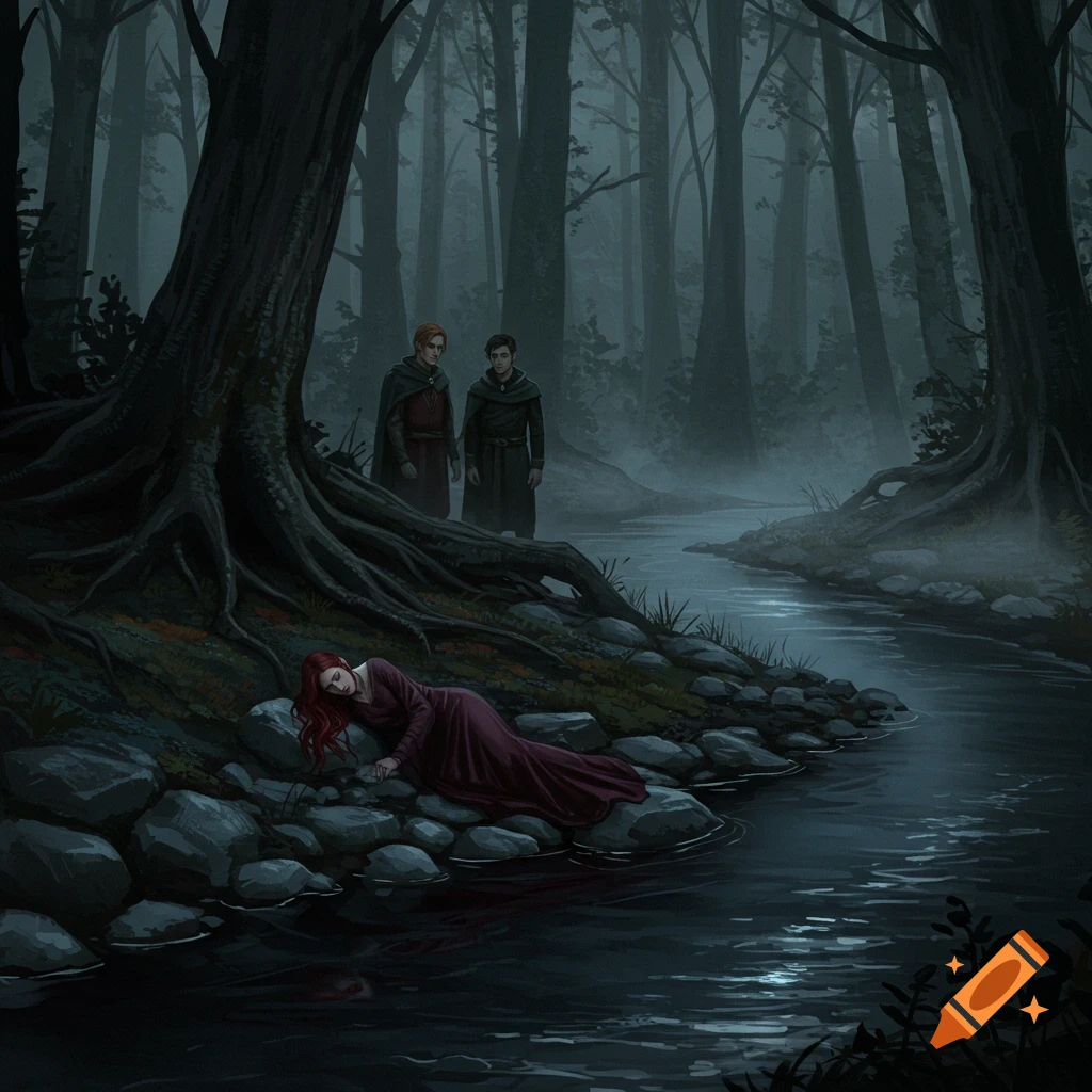 A fantasy illustration of a red-haired woman lying on rocks by a dark river in a foggy forest, watched by two cloaked men.