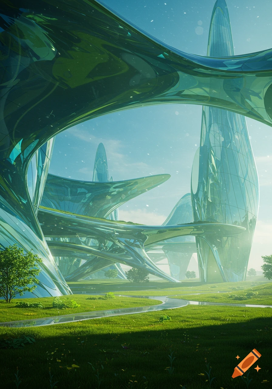 Vibrant futuristic landscape with sleek, curved glass buildings and lush green pathways, under a bright, soft blue sky.