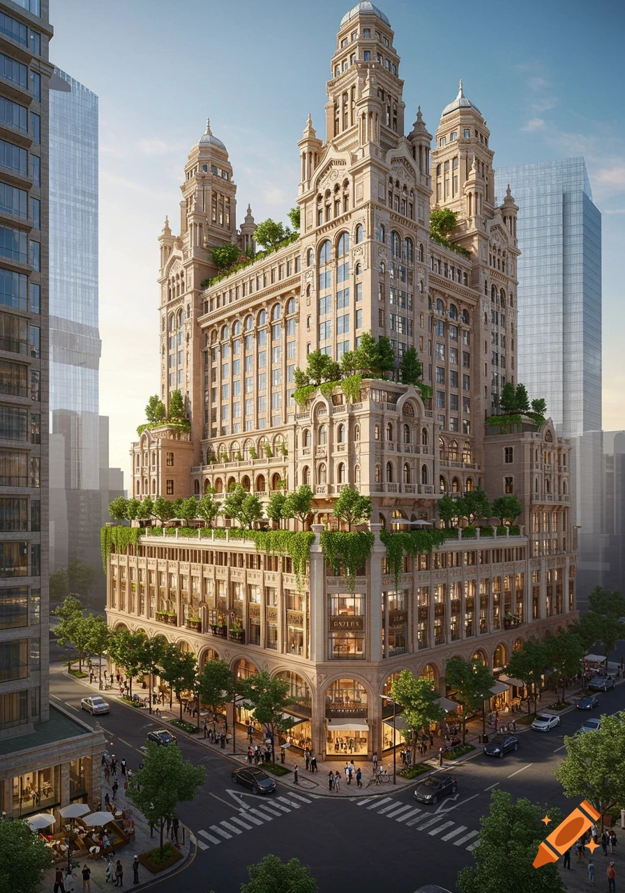 A detailed, photorealistic image of a grand, ornate building with multiple spires and green terraces, situated at a bustling city intersection with cars and pedestrians.