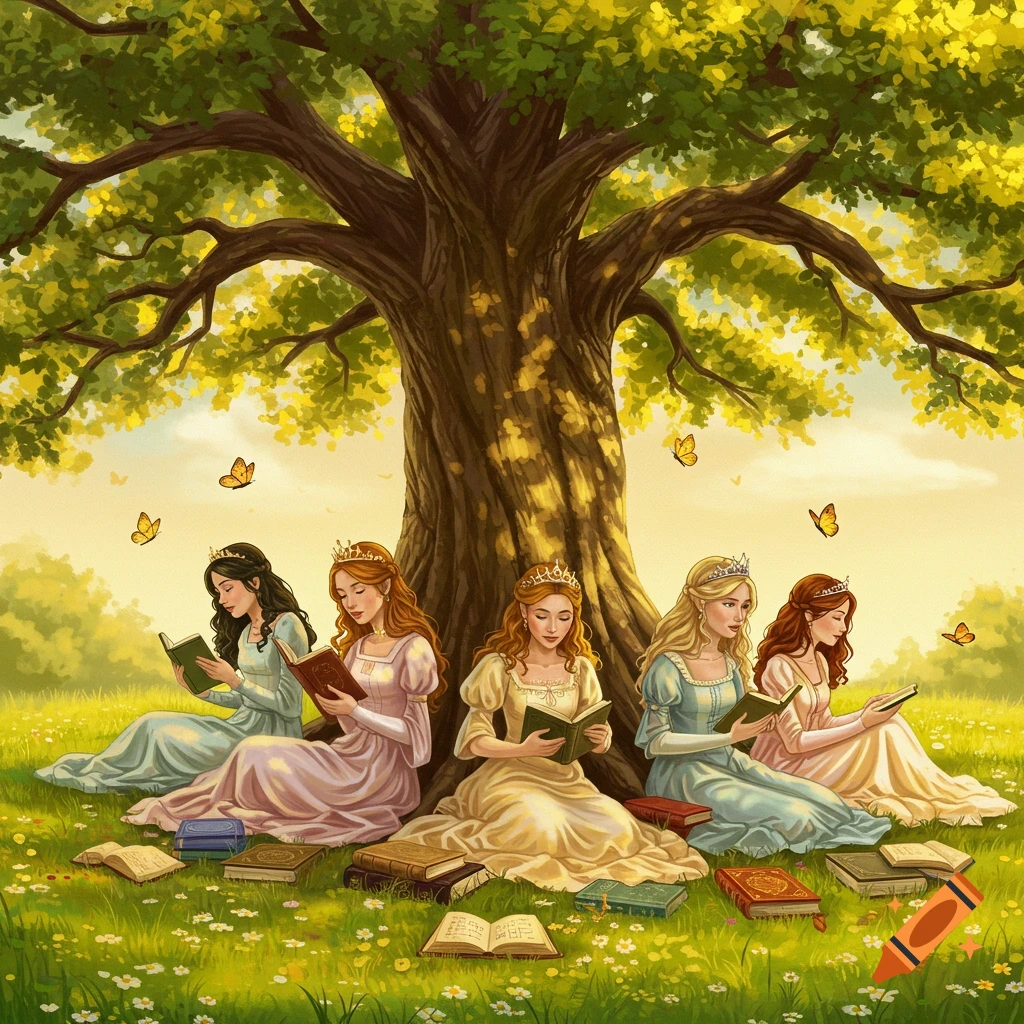 Five princesses read books under a large, leafy tree in a sunny, flower-filled field with butterflies. Fairytale illustration.