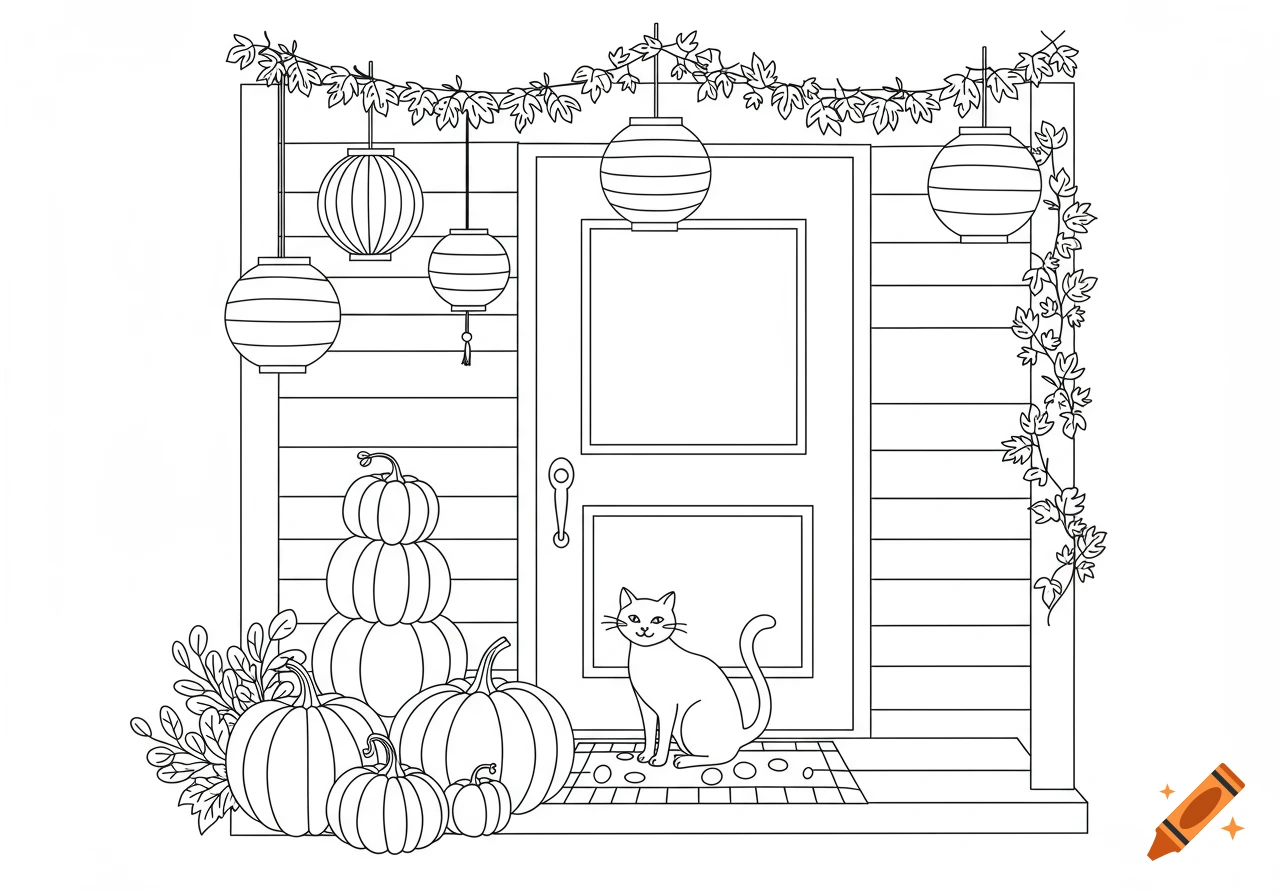 Black and white line art coloring page of a cozy Halloween porch with pumpkins, lanterns, garland, and a cat on a doormat.