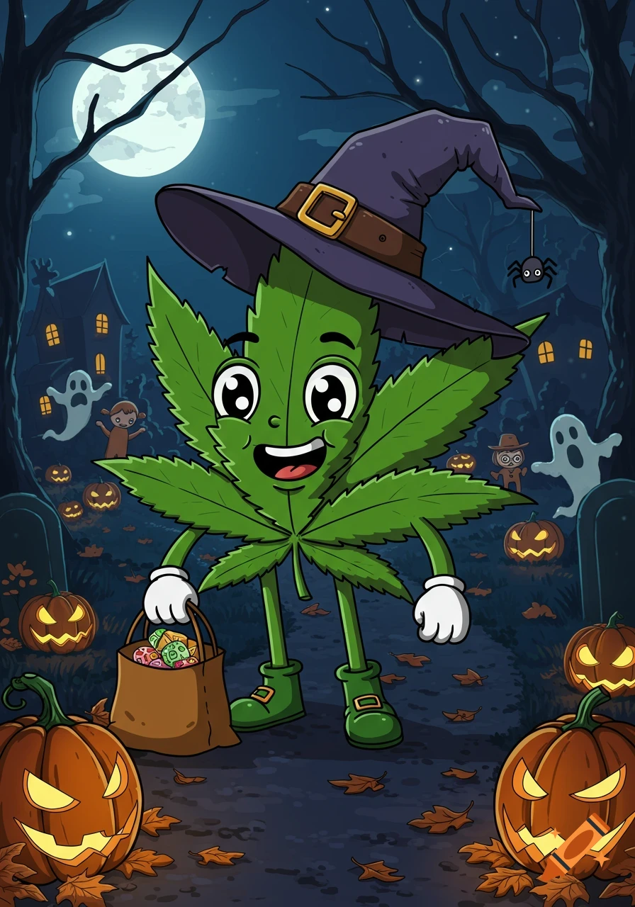 A happy cartoon marijuana leaf in a witch hat holds a trick-or-treat bag in a spooky Halloween graveyard with pumpkins and ghosts.