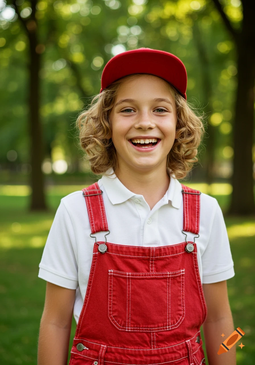 A cheerful boy with wavy blonde hair and a red cap smiles widely in a park, wearing a white polo and red overalls. Photorealistic.