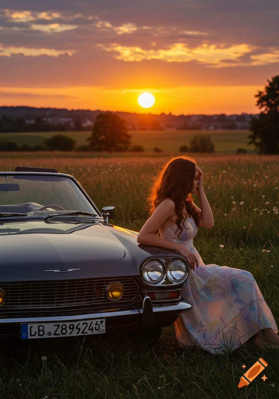 A woman in a flowing dress leans on a vintage convertible car in a grassy field at sunset. Photorealistic.