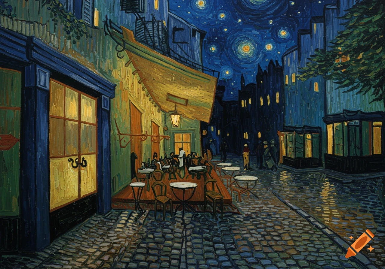 A vibrant painting in Van Gogh's style of an outdoor cafe at night under a starry sky.