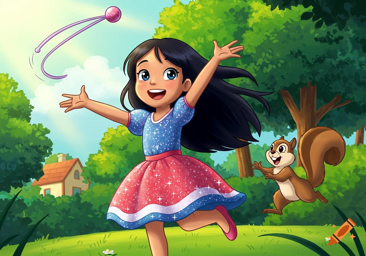 A cheerful cartoon girl with dark hair in a sparkling dress throws a baton, while a squirrel leaps to catch it in a sunny backyard.