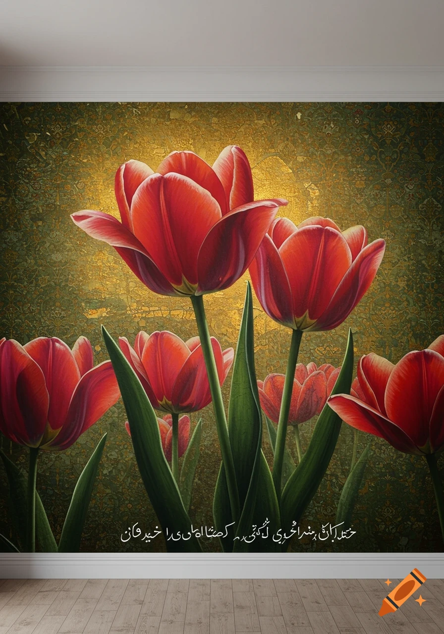 A vibrant mural depicting red tulips with green stems against a textured golden and dark green background, above a wooden floor.