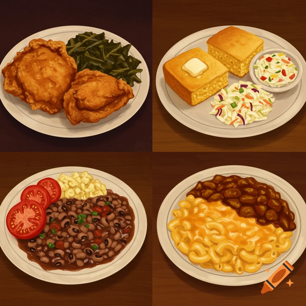 Four plates of soul food, including fried chicken, cornbread, black-eyed peas, macaroni and cheese, and collard greens, in an illustrative style.