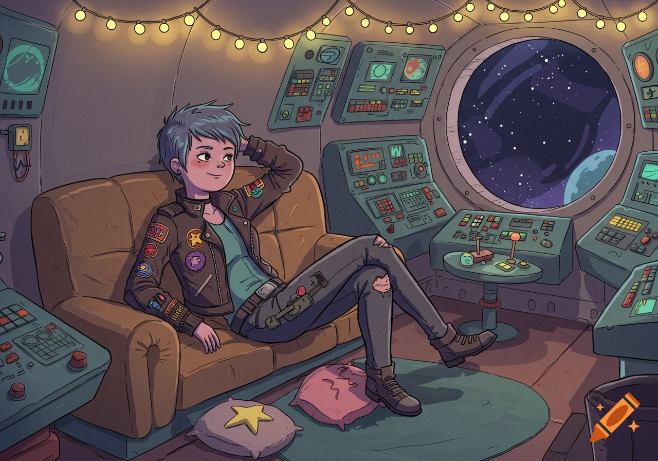 A blue-haired female space rogue in a brown jacket lounges on a couch inside a cozy spaceship cockpit, looking out a circular window at space, in Adventure Time style.