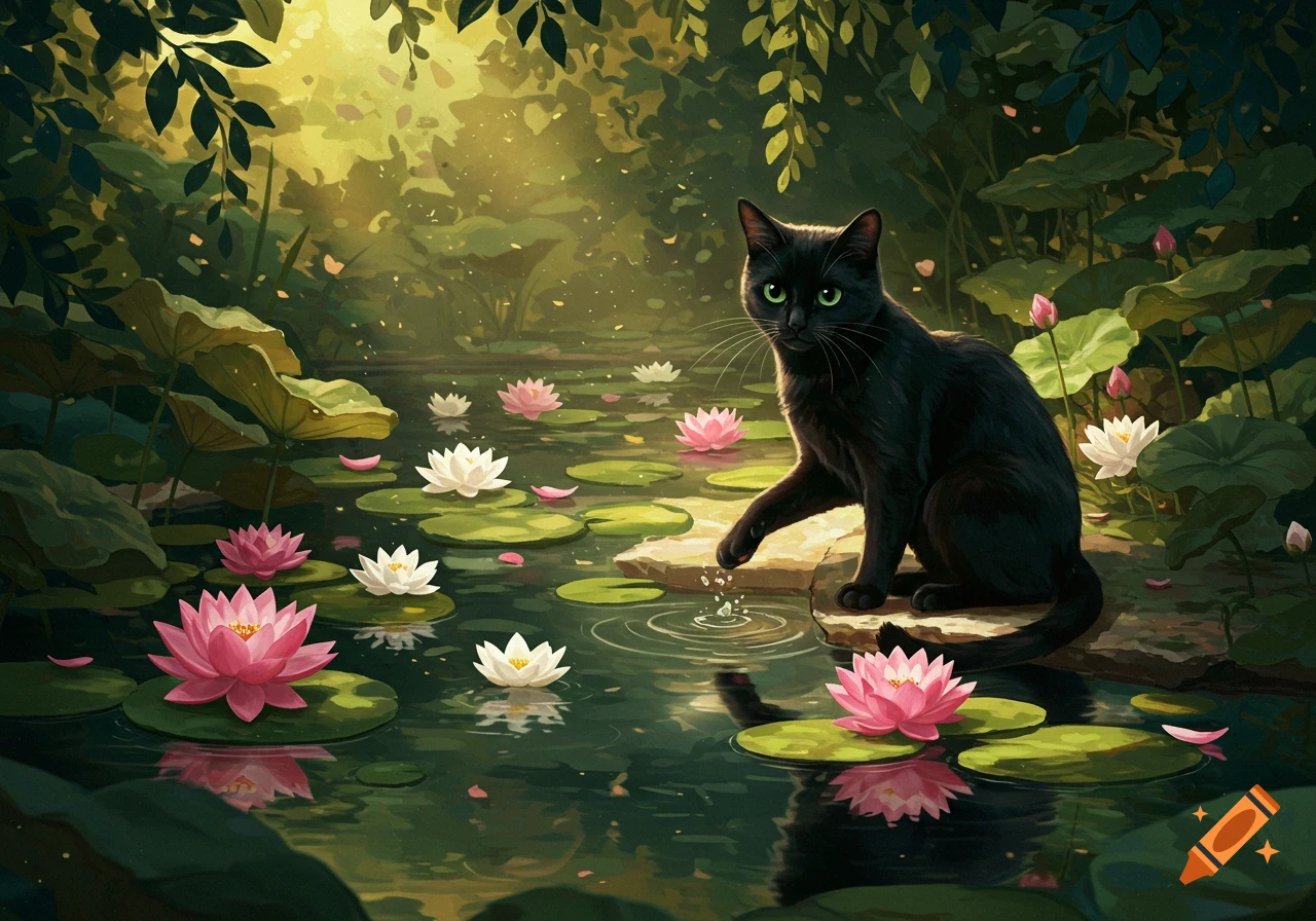 A black cat sits on a rock, paw in a pond with pink and white lotus flowers and lily pads, bathed in golden light.
