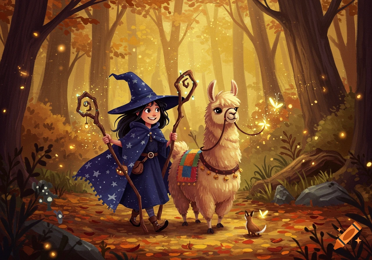A whimsical witch in a star-patterned cape walks with a decorated llama through a glowing autumn forest.