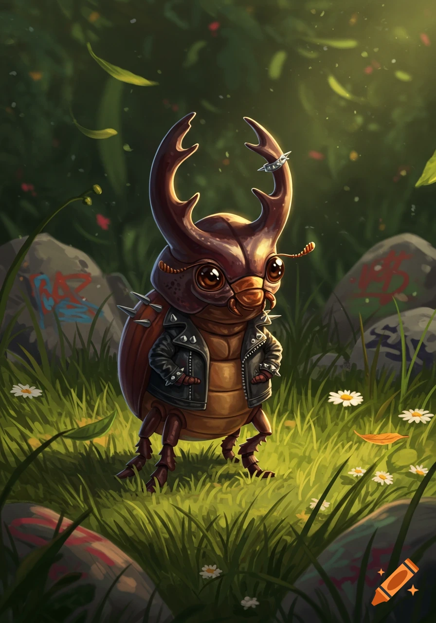 A cartoonish beetle wearing a black studded leather jacket stands in a grassy field with daisies and graffiti-covered rocks.