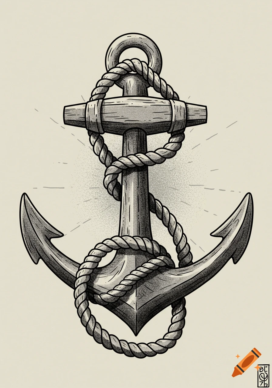 A black and white tattoo-style drawing of an anchor with a thick rope wrapped around it, on a light background.