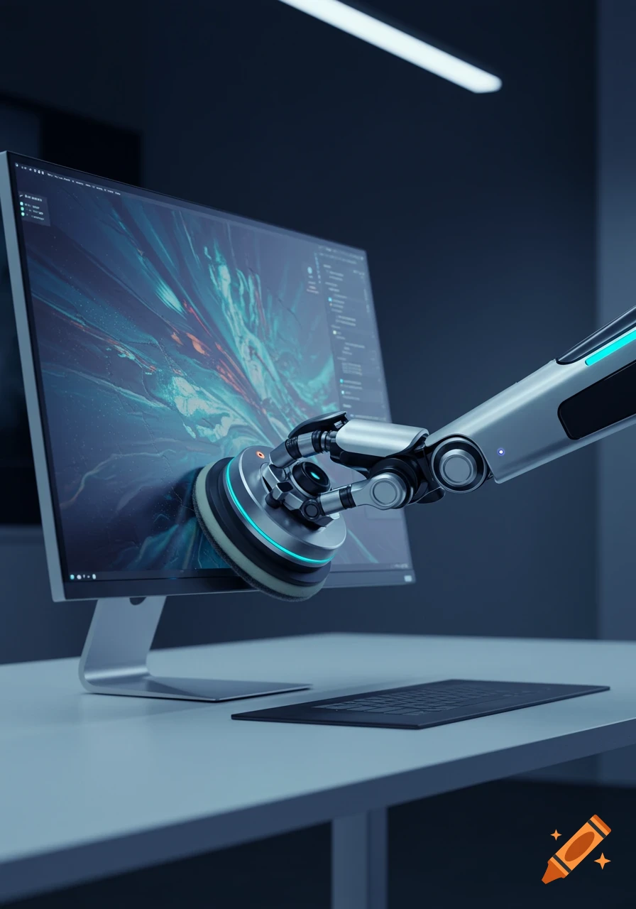 A robotic arm with a polishing tool interacts with a computer monitor on a modern desk, displaying abstract graphics in a dim room.