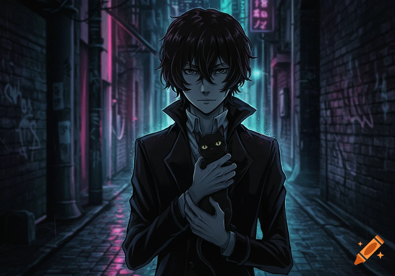 Anime man with dark hair and a coat holding a black cat in a dark, neon-lit urban alleyway.