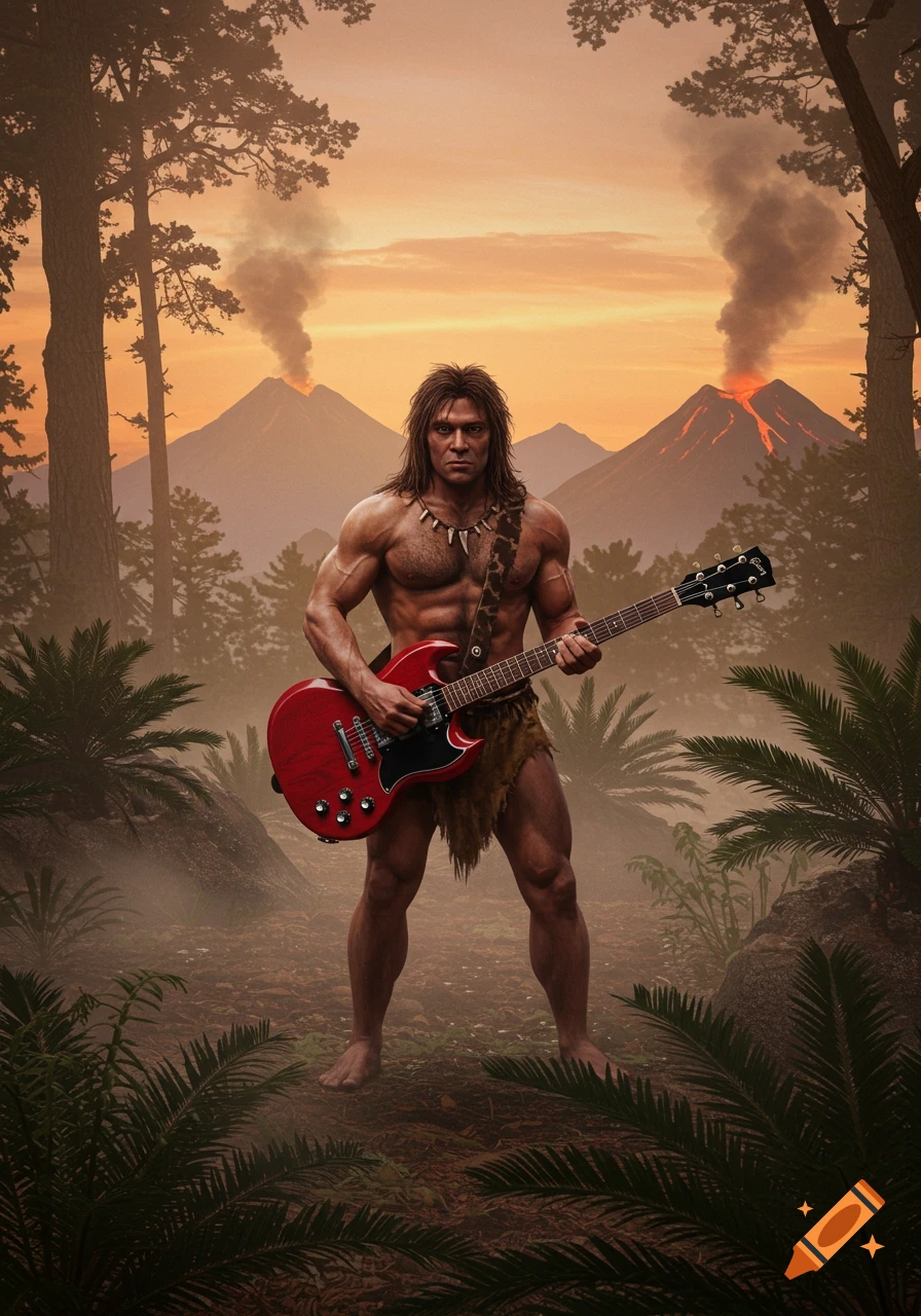 Photorealistic image of a muscular prehistoric man playing a red electric guitar in a jungle with erupting volcanoes at sunset.