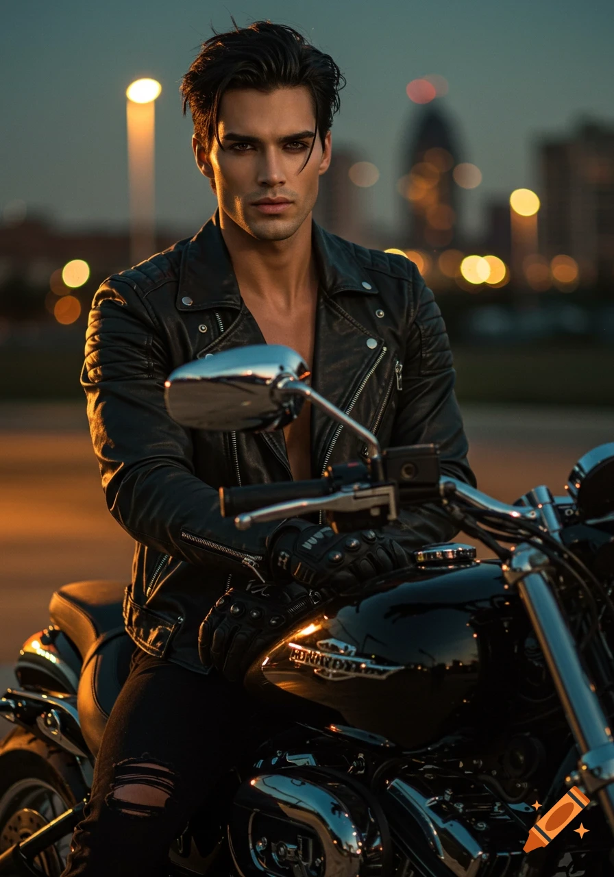 A photorealistic portrait of a handsome man with dark hair in a leather jacket, sitting on a motorcycle at dusk with city lights in the background.