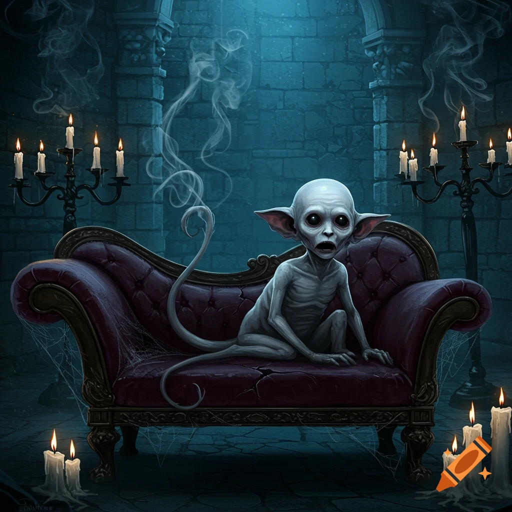 A pale, large-eared creature with a long tail sits on a red velvet couch in a dark, candlelit gothic room. Detailed illustration.