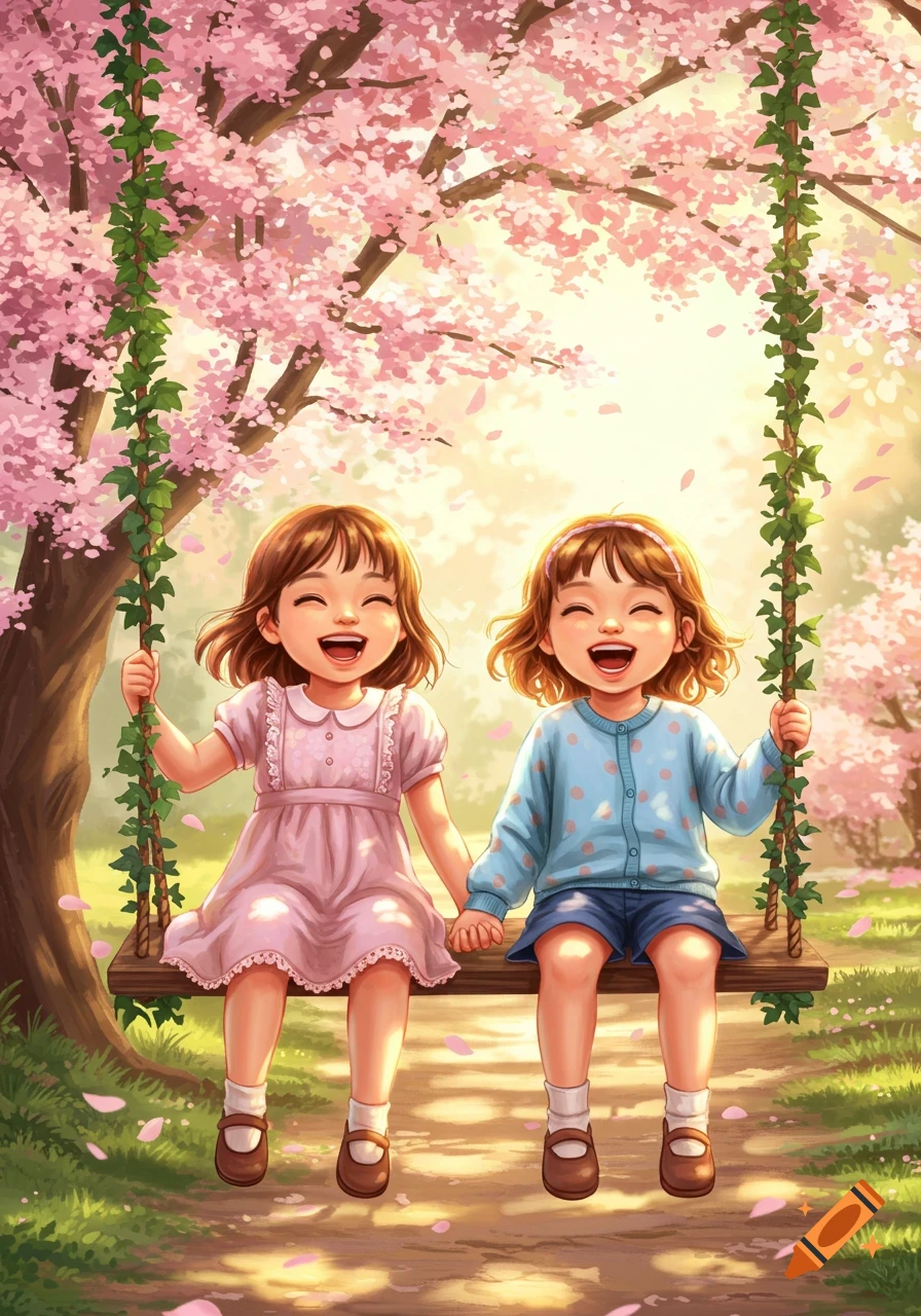 Two happy cartoon girls swinging under a pink cherry blossom tree, holding hands as petals fall around them.