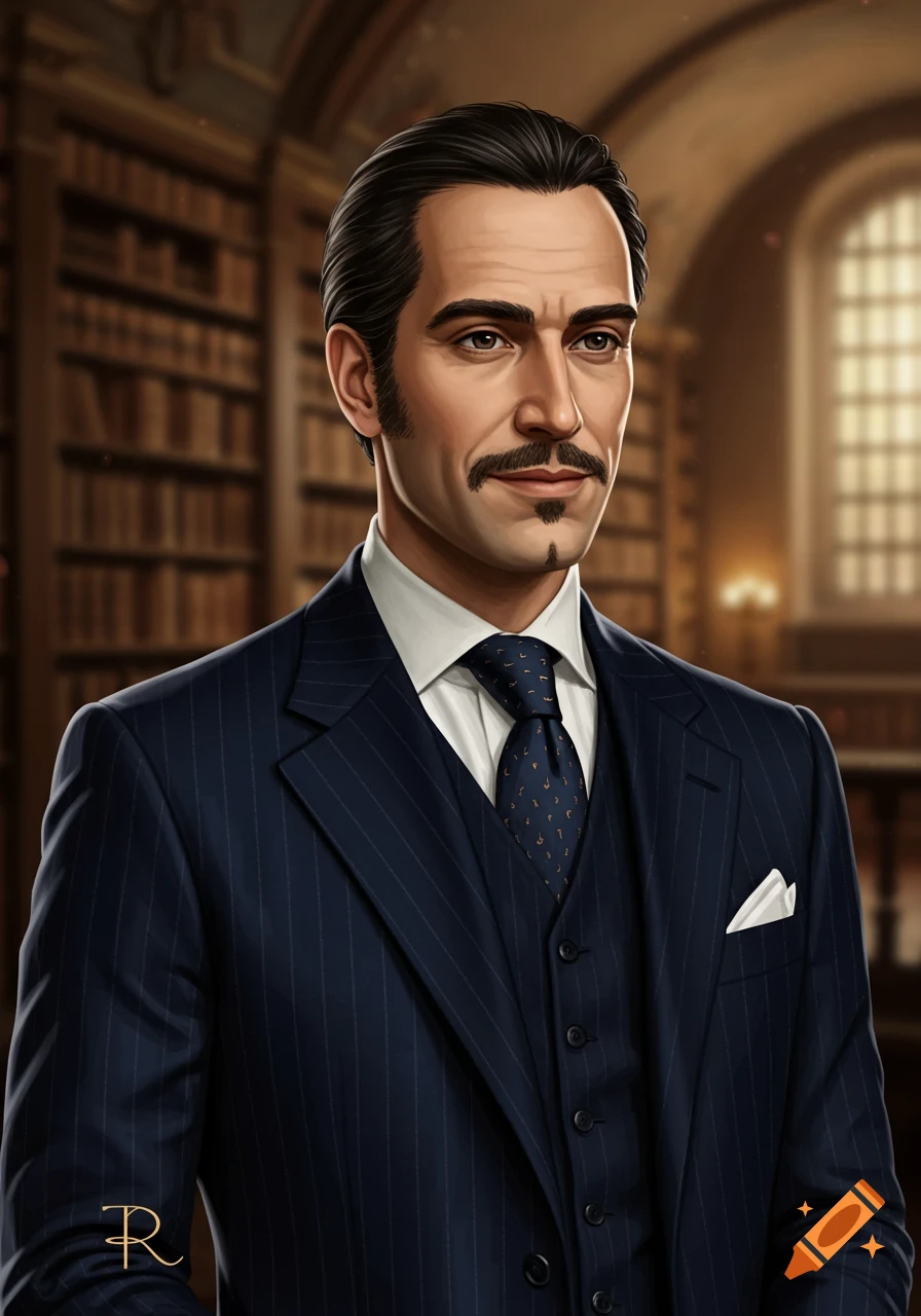 A distinguished man with a mustache and goatee in a pinstripe suit stands in a library.