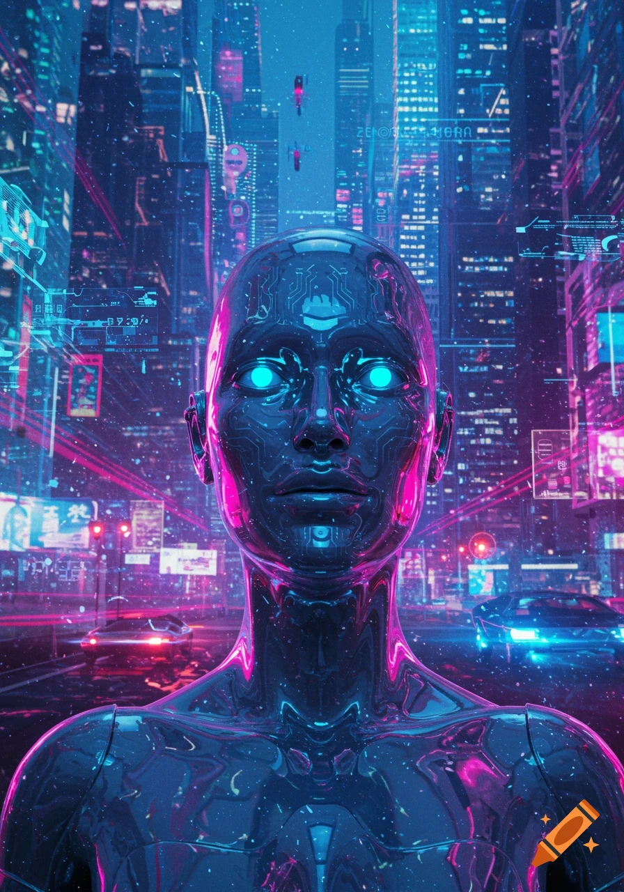 A metallic humanoid with glowing blue eyes stands in a neon-lit cyberpunk city, surrounded by futuristic buildings and vehicles.