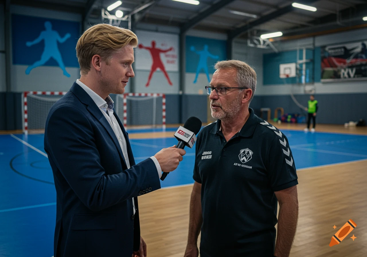 A male journalist interviews a handball coach in a sports hall with handball goals and sports figures on the wall.