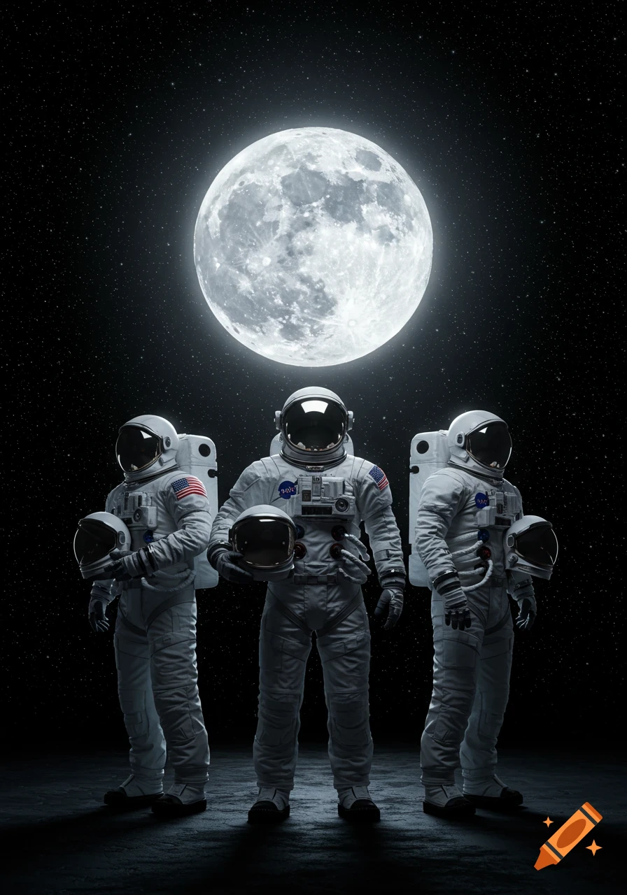 Three photorealistic astronauts in white suits holding helmets, standing under a large moon with a starry background.