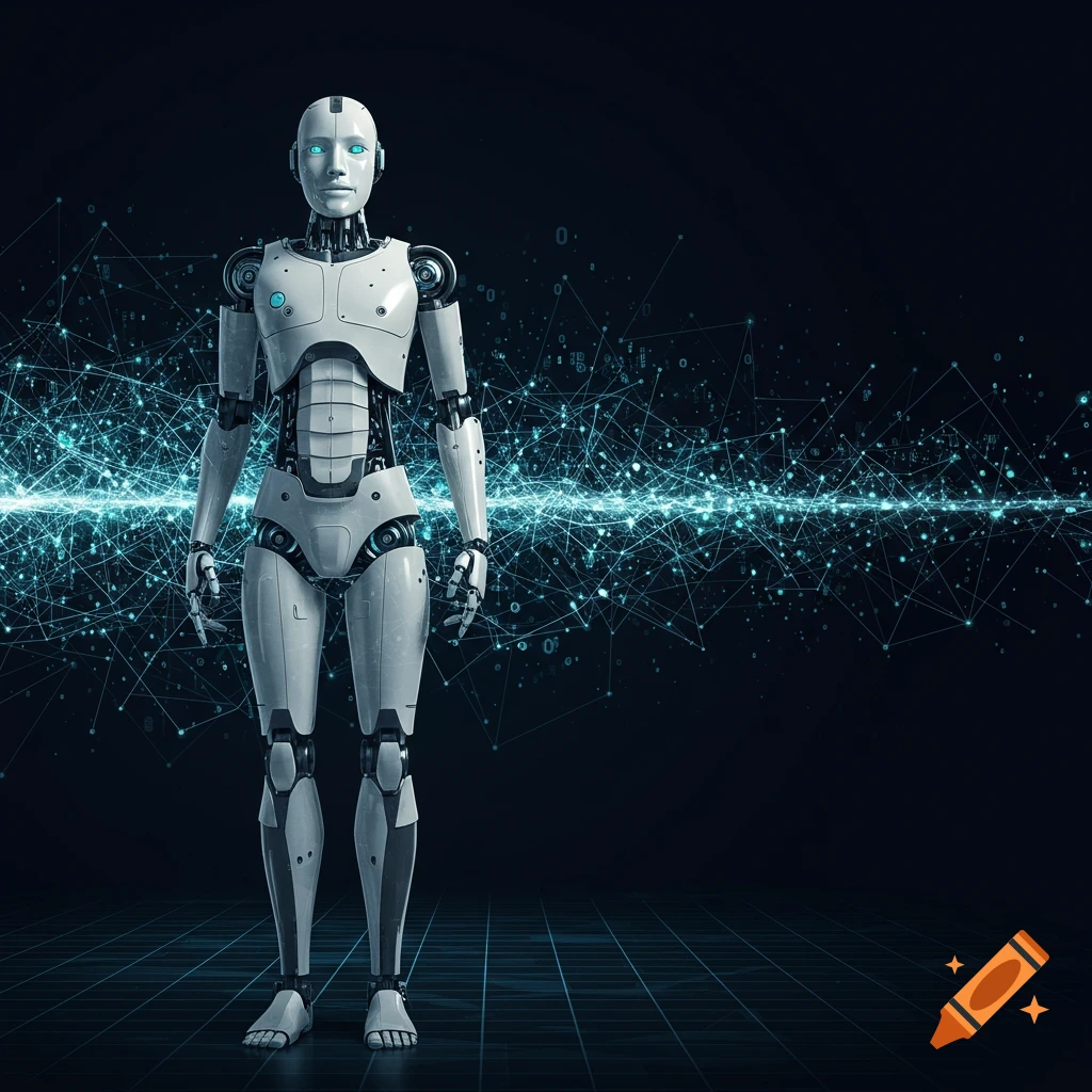 A white humanoid robot with glowing blue eyes stands against a dark background with a glowing blue digital network.