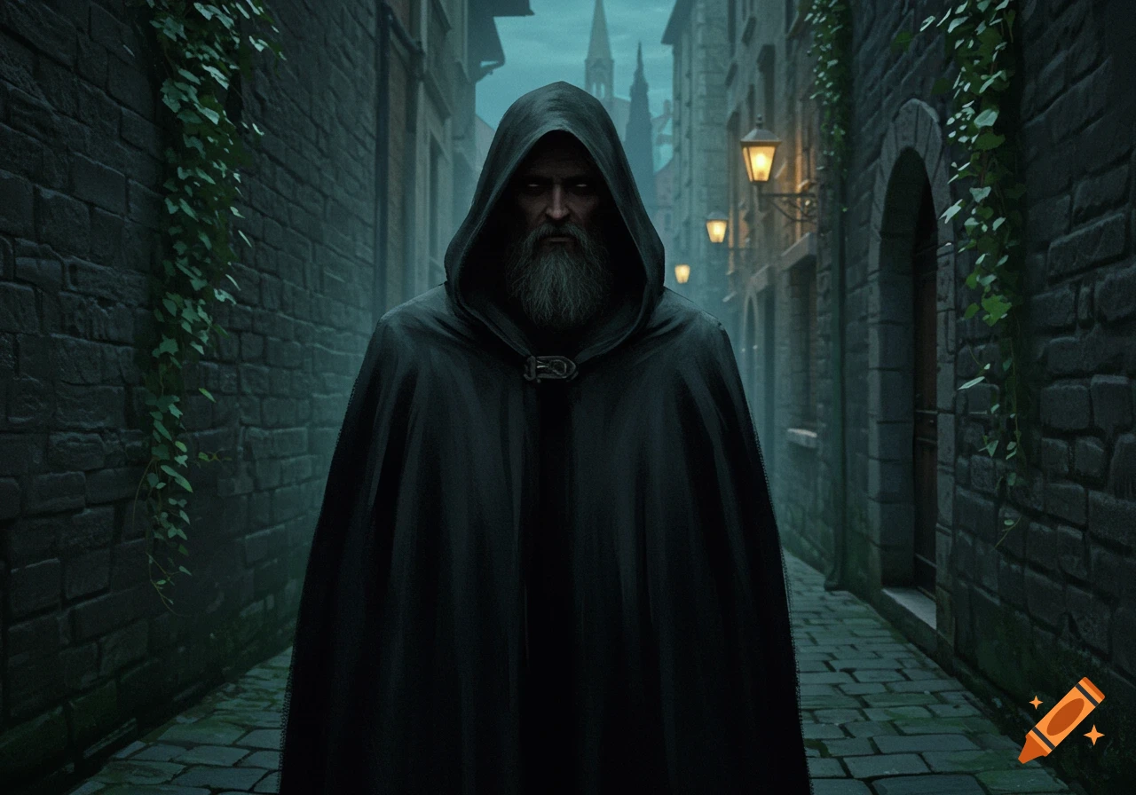 A mysterious cloaked, bearded man with hidden eyes stands in a dark cobblestone alley with lanterns.