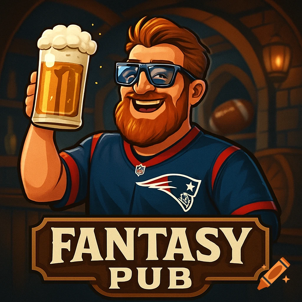 Digital art logo of a smiling man with a beard, sunglasses, and Patriots jersey, holding a beer. A sign below reads 'FANTASY PUB'.