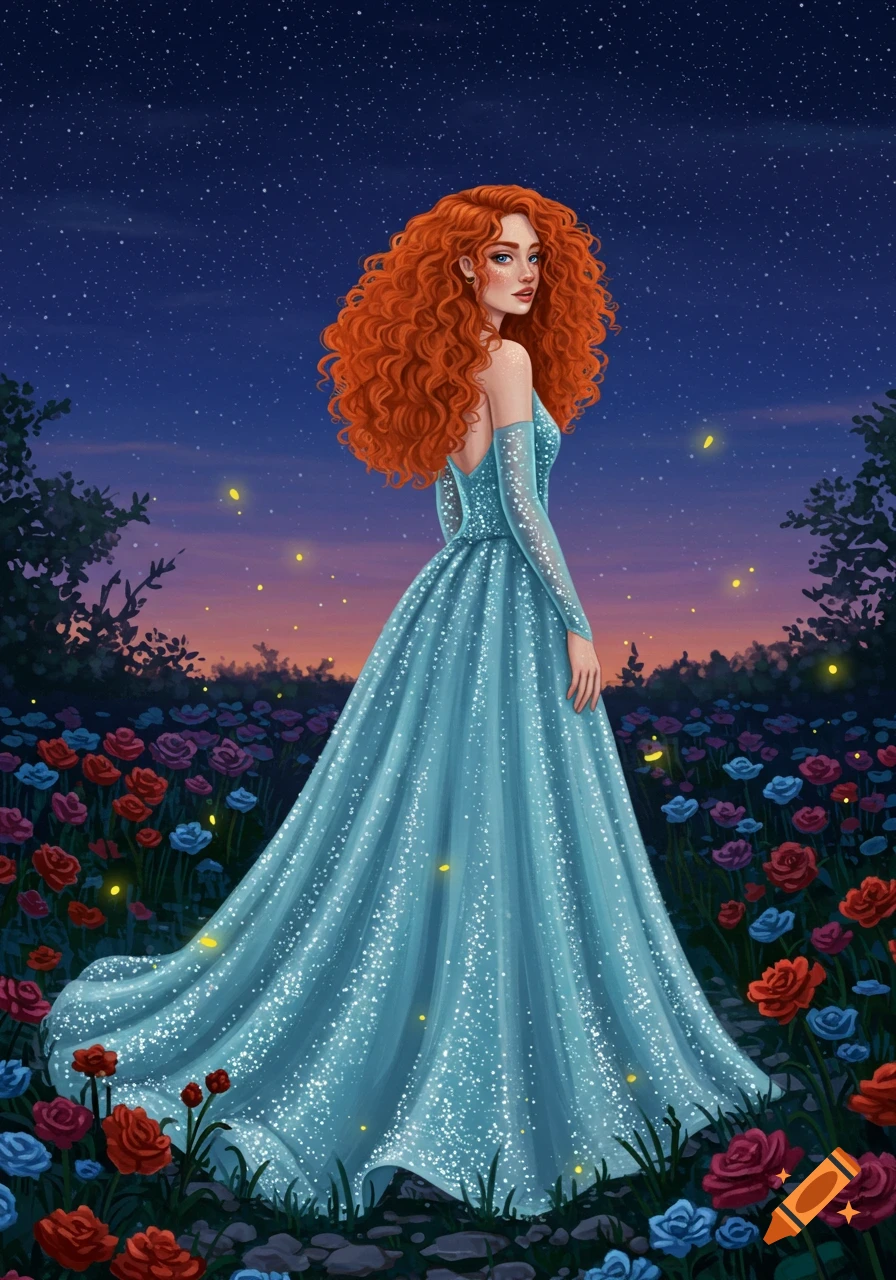 A ginger woman in a shimmering blue gown stands in a field of red and blue roses under a starry night sky, in an illustrated style.