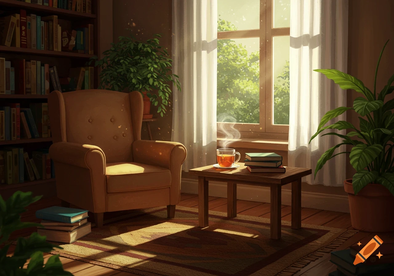 A cozy, sunlit reading room with an armchair, bookshelves, potted plants, a table with books, and a steaming cup of tea by a window.