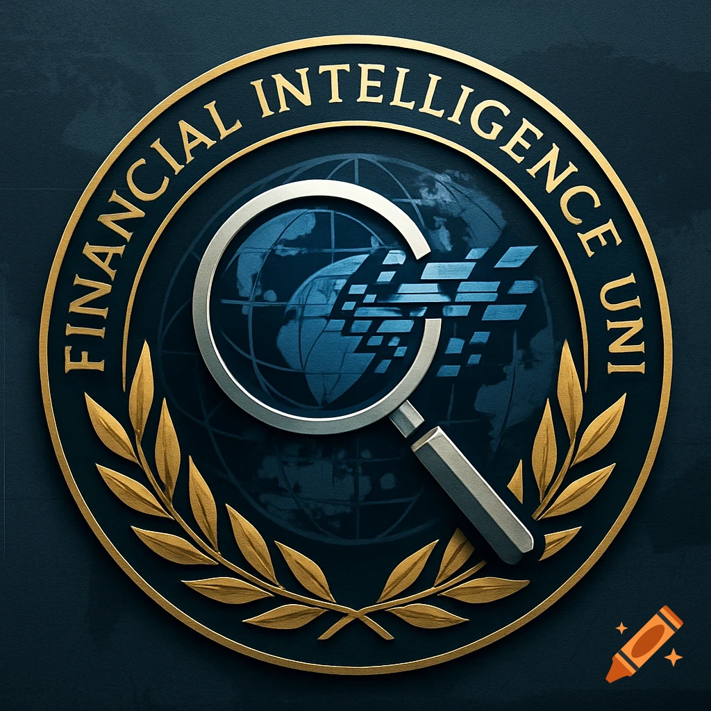 A gold and dark blue circular emblem with the text "FINANCIAL INTELLIGENCE UNI" around the top. A magnifying glass is central over a globe with digital data patterns, and a golden laurel wreath is at the bottom.