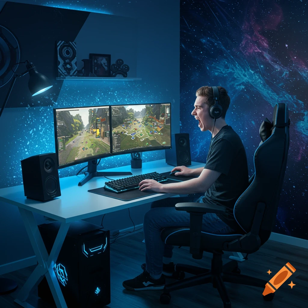 A young man wearing headphones shouts excitedly while playing a video game on a dual monitor setup in a blue-lit gaming room with a space-themed wall.