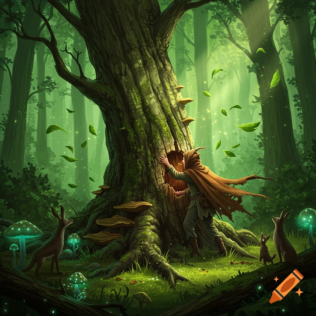 A hooded figure interacts with a large mossy tree in a glowing fantasy forest with deer and luminous mushrooms.