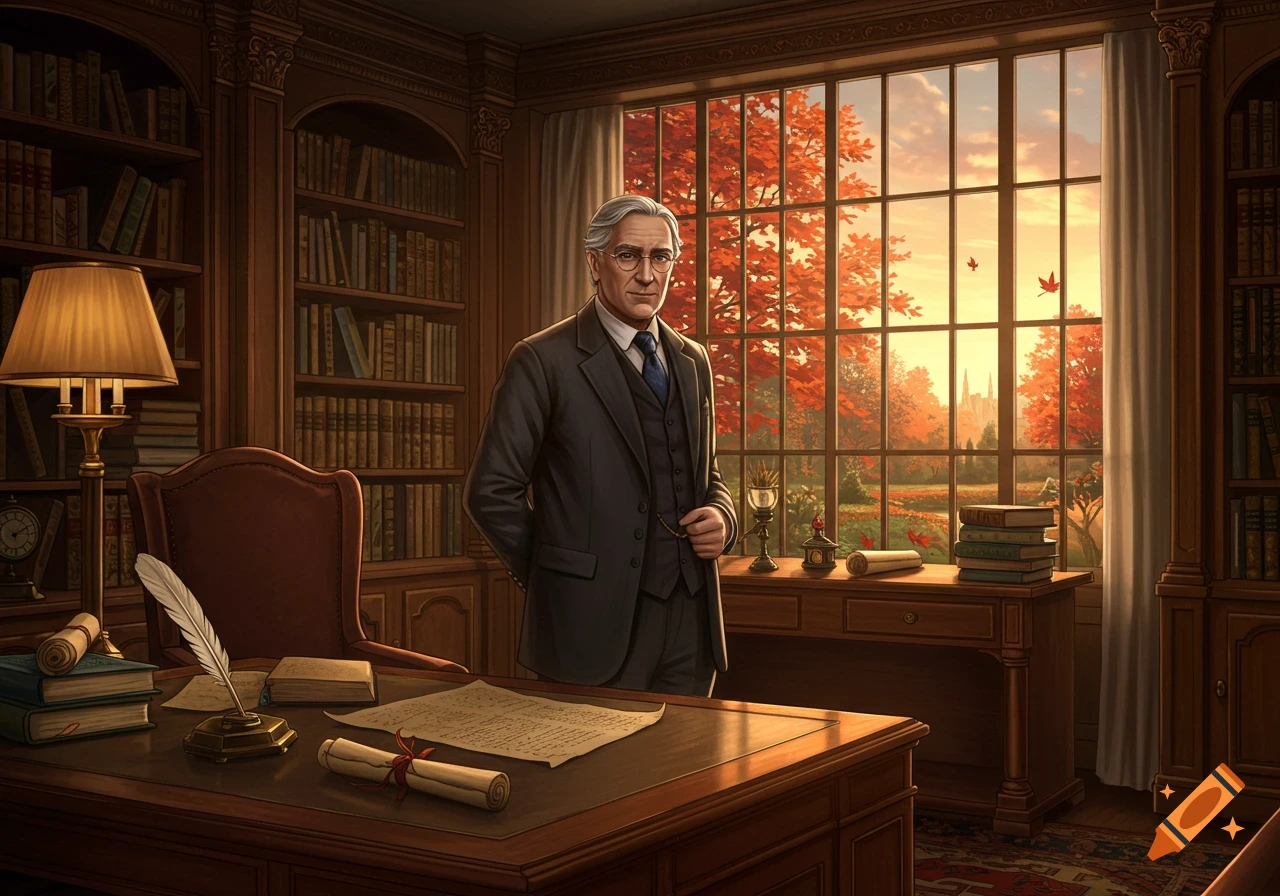 A distinguished older man in a suit stands in an elegant library, looking out a large window at a vibrant autumn landscape.