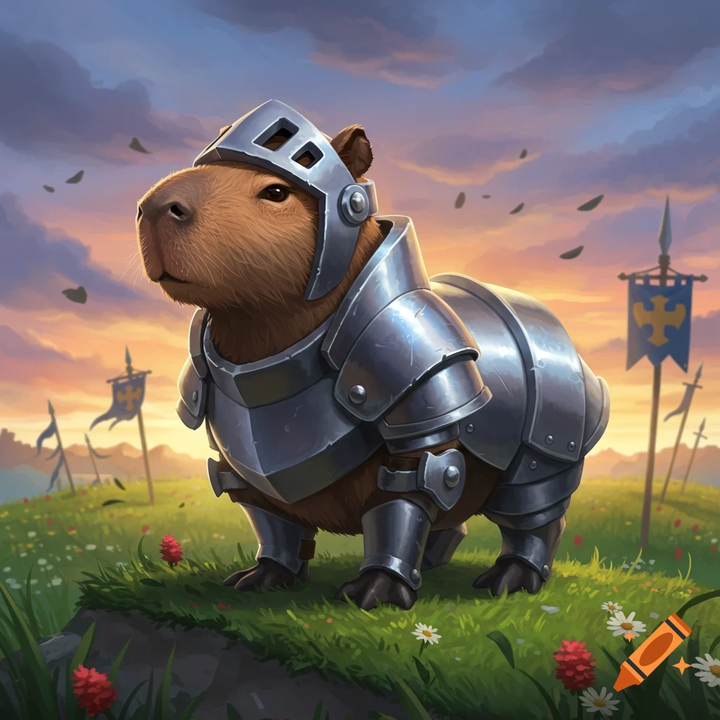 A stylized illustration of a capybara in shining knight armor standing on a grassy hill with wildflowers at sunset.