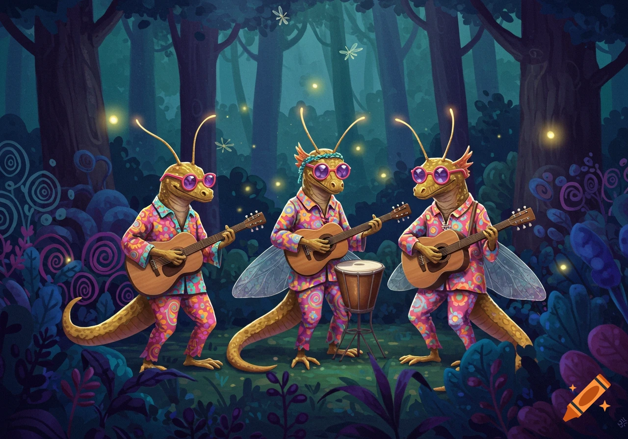Three alien lizard-insect creatures in psychedelic outfits play guitars and a drum in a vibrant forest with lightning bugs.
