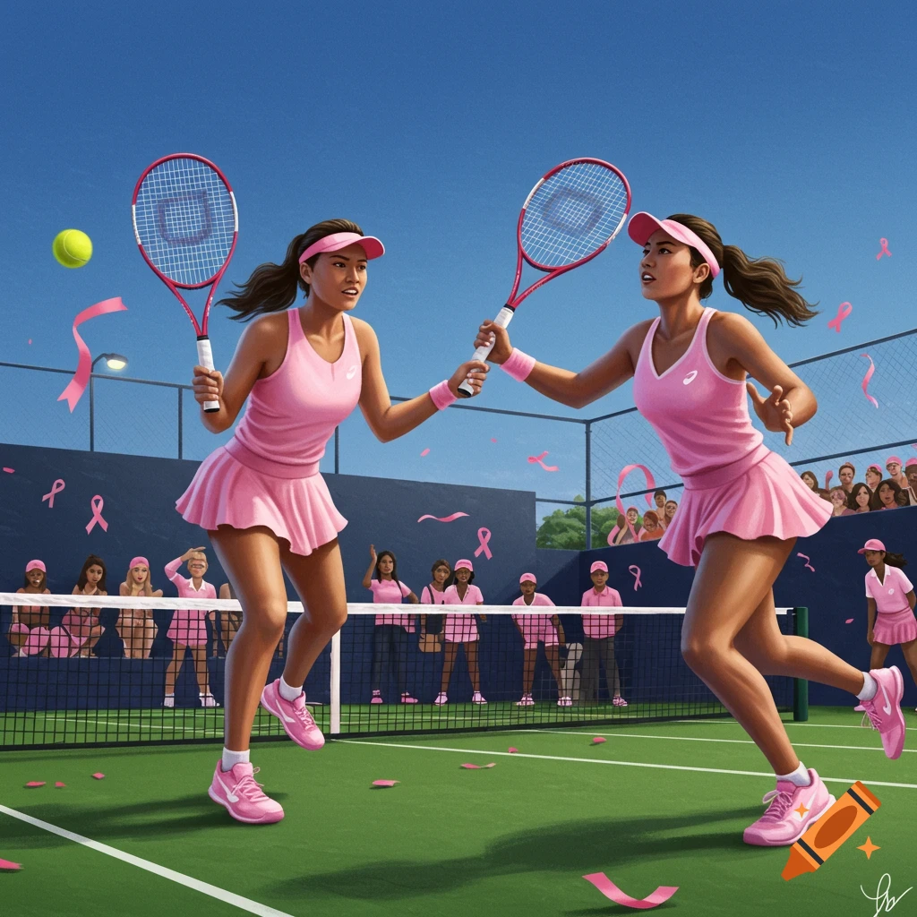 Two women in pink tennis outfits playing tennis on a green court, with pink ribbons floating in the air. A crowd watches from the background.