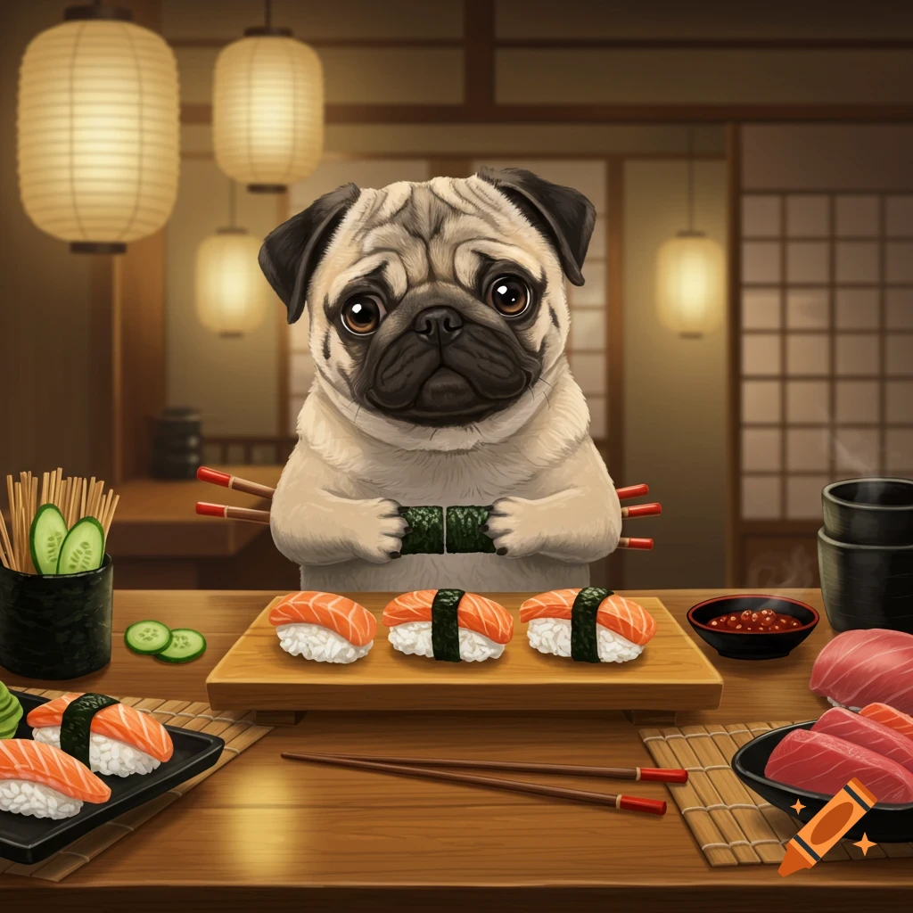 A cute cartoon pug sits at a wooden counter in a sushi restaurant, holding seaweed and rice, surrounded by sushi, raw fish, and chopsticks.