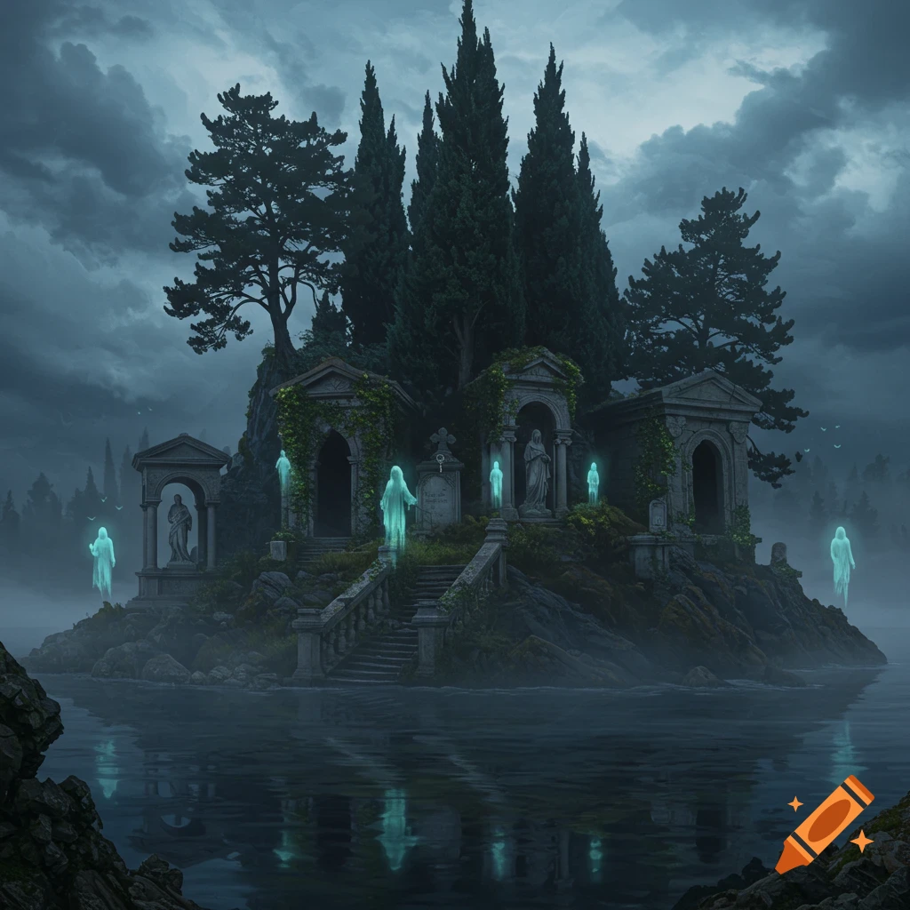 A dark, misty island cemetery with ancient mausoleums and glowing ghost figures reflected in the still water under a cloudy sky.