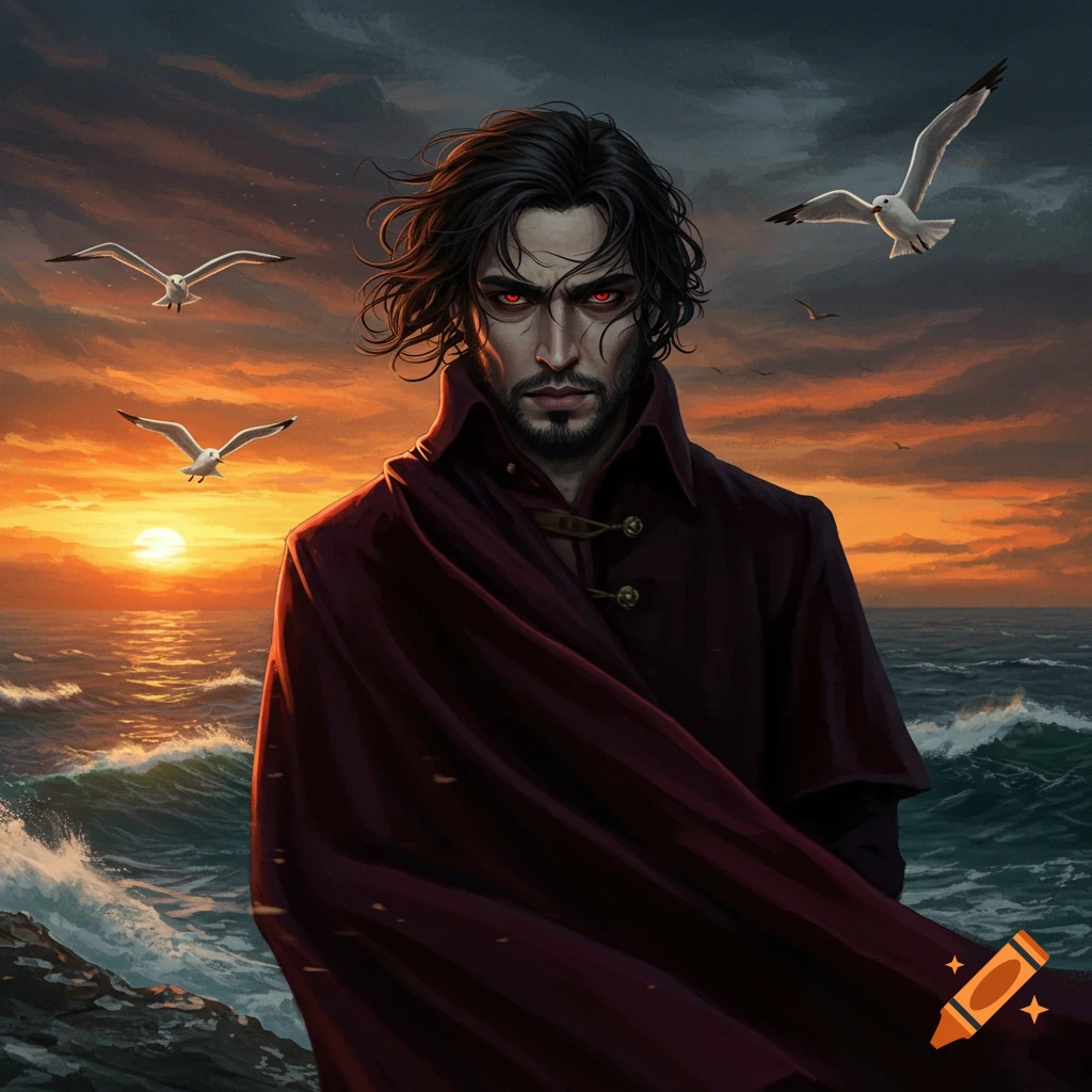 A brooding man with dark hair and glowing red eyes stands by a stormy ocean at sunset, seagulls flying. Digital painting.