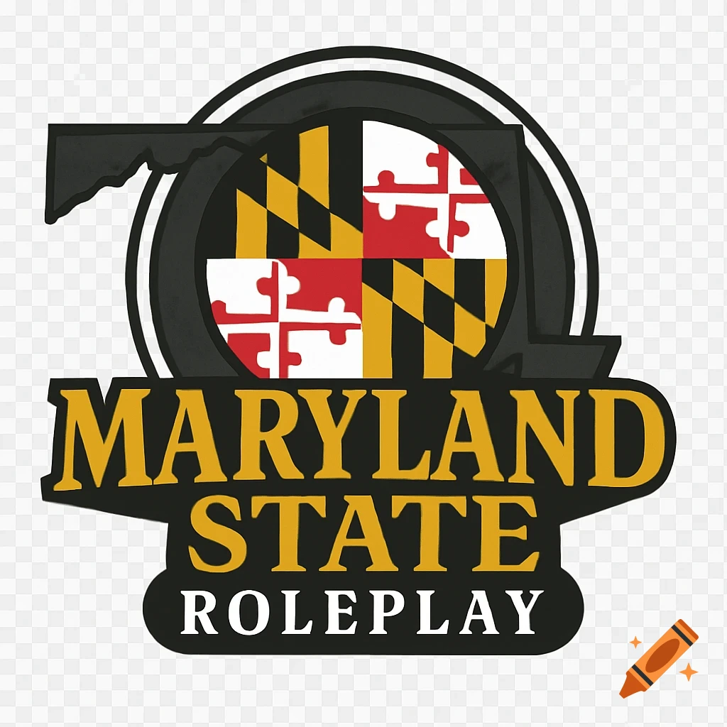 Black and gold logo with the outline of Maryland, a stylized Maryland flag, and the text 'Maryland State Roleplay'.
