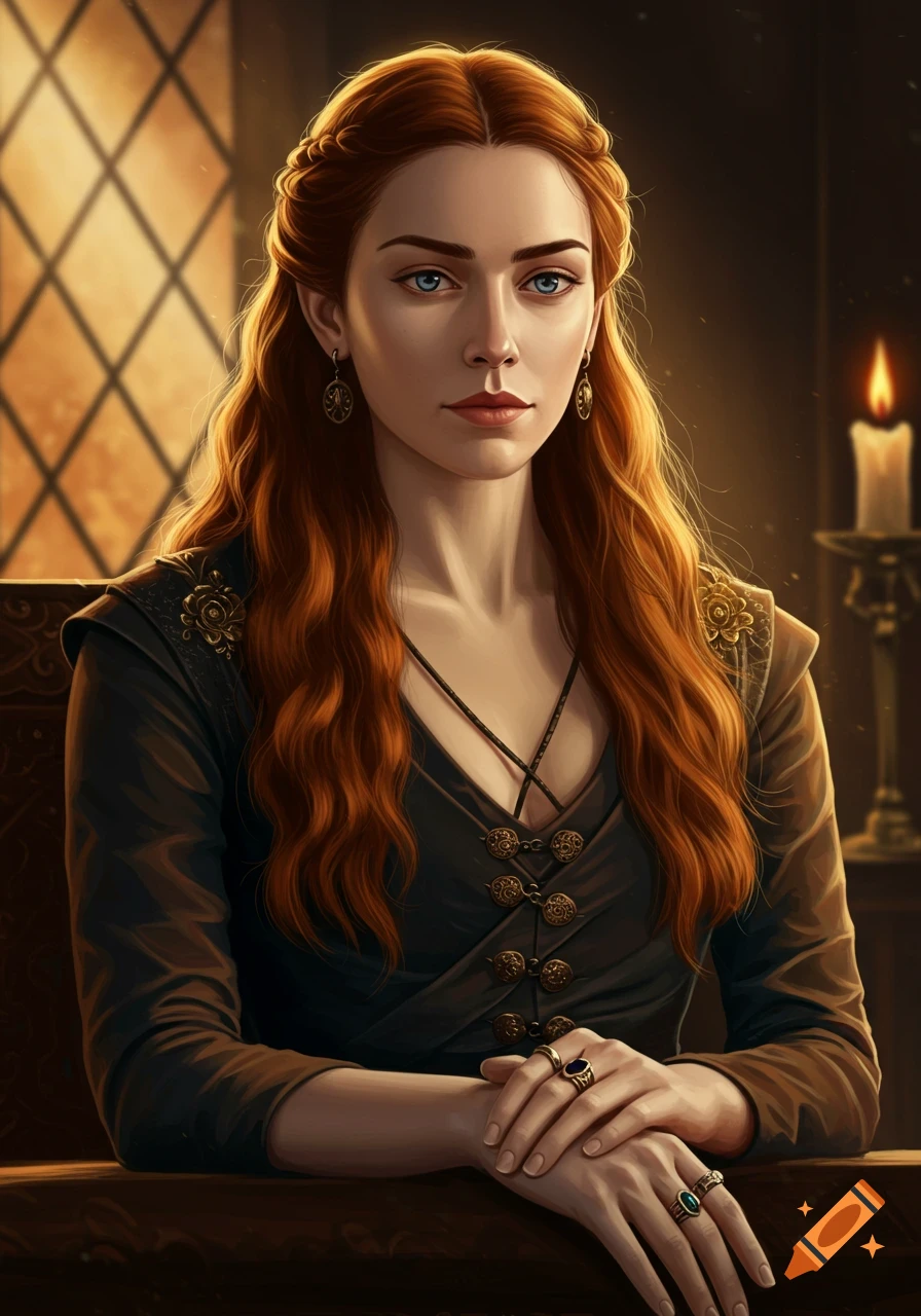 A medieval lady with long auburn hair and blue eyes sits at a table in a warm, dimly lit room with a candle.
