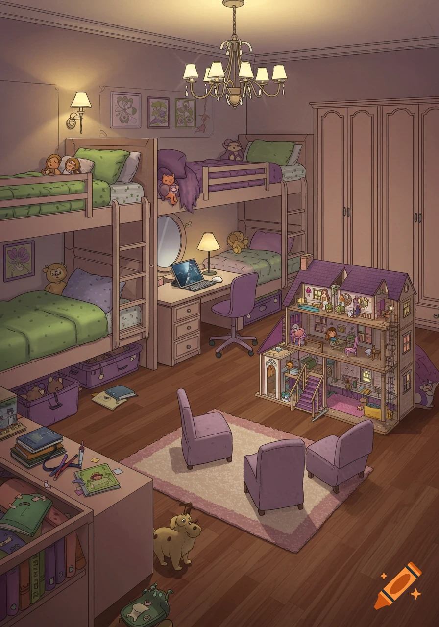 A cozy, pastel-colored cartoon illustration of a shared bedroom with three bunk beds, a desk, a large dollhouse, and toys.