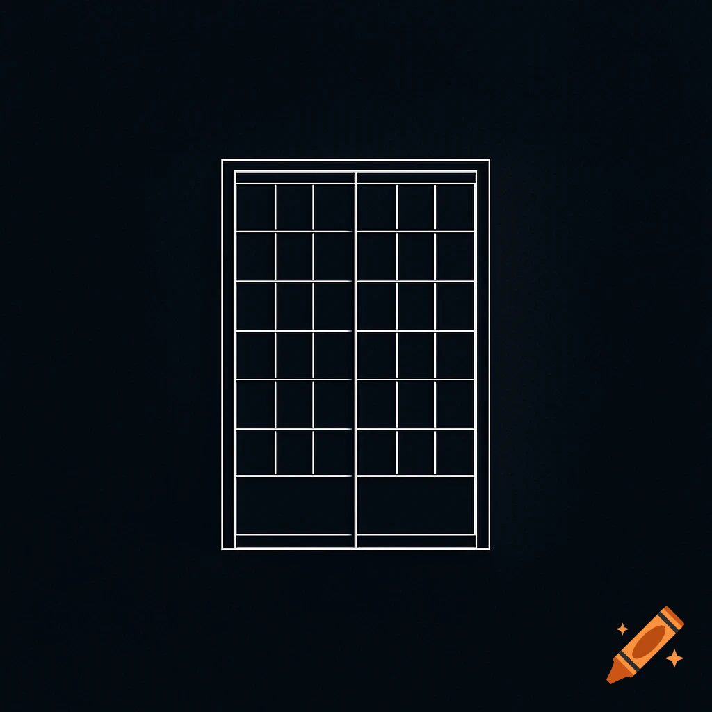 Minimalist white line art of a Japanese sh eshoji sliding door against a dark background.